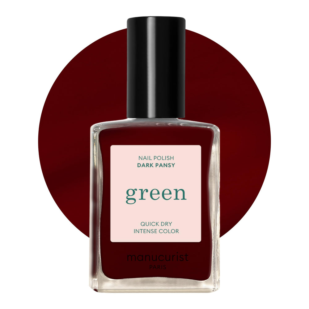Manucurist Green Dark Pansy bottle shows a deep burgundy shade for chic nails