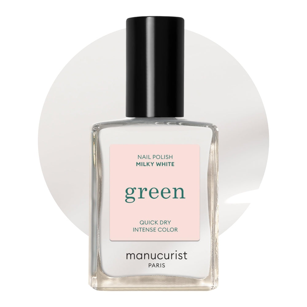 Manucurist Green Milky White bottle close-up, showcasing plant-based formula for a clean manicure.