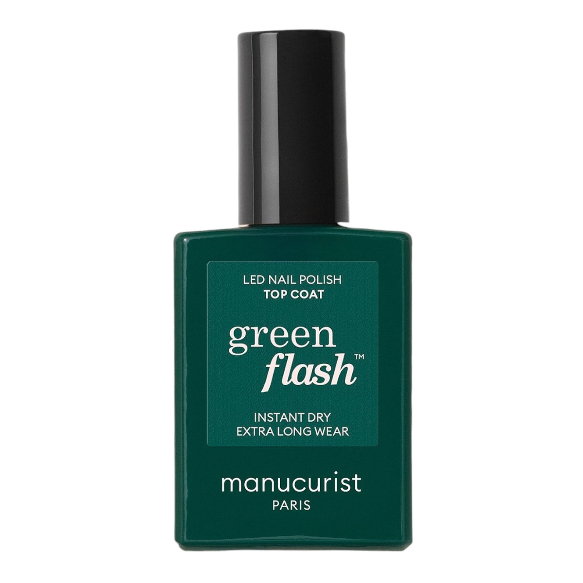 Manucurist Verde Flash Top Coat: botella visible con brillo intenso.