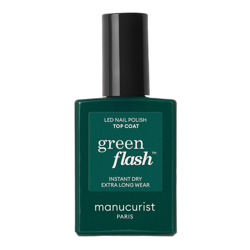 Manucurist Verde Flash Top Coat: botella visible con brillo intenso.