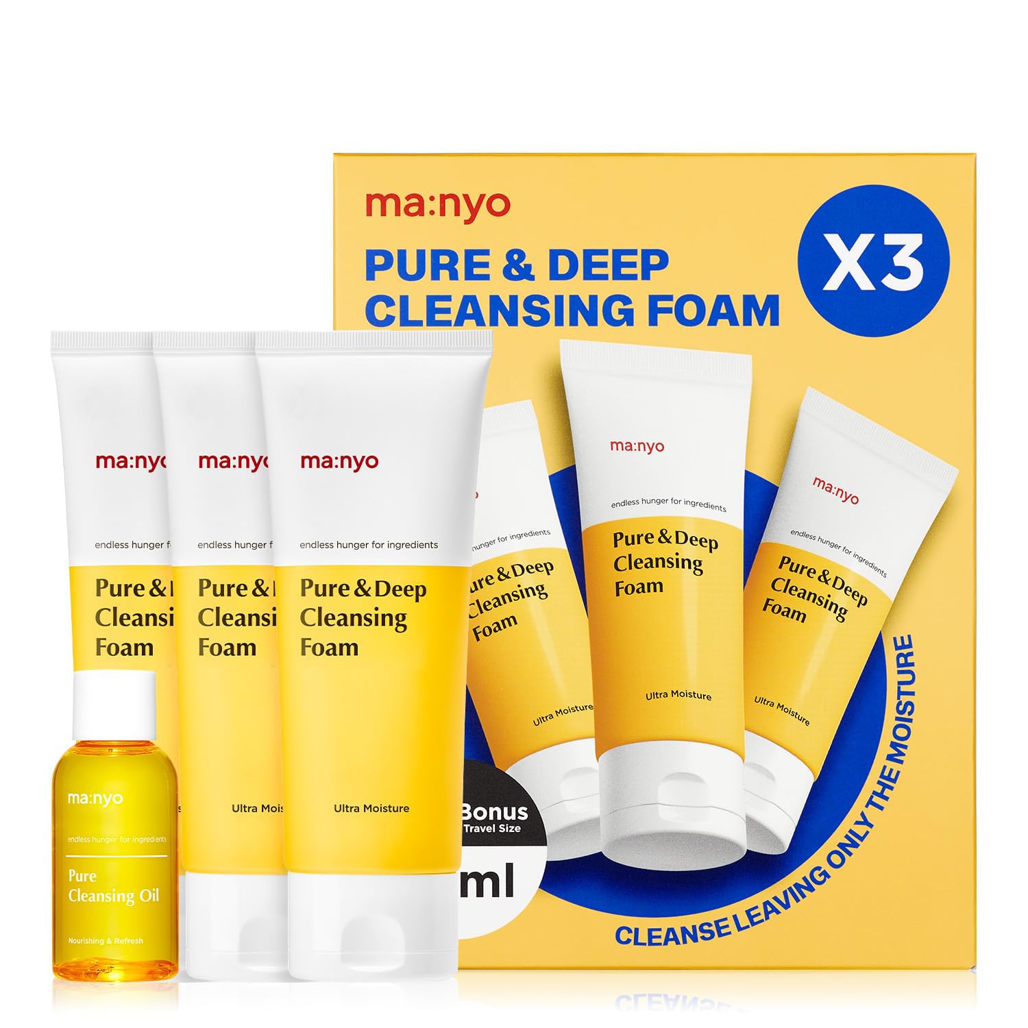 ma:nyo Pure & Deep Cleansing Foam, vertido de la botella, limpieza facial profunda sin irritación.