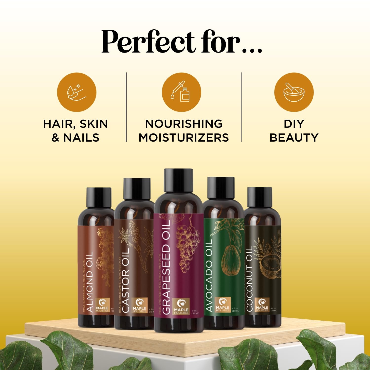 Maple Holistics aceite de coco fraccionado para hidratación profunda de la piel.