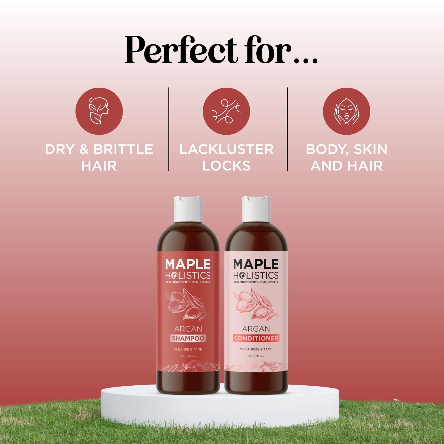Maple Holistics Acondicionador Argán Marruecos, botella destacada, brillo y manejo.