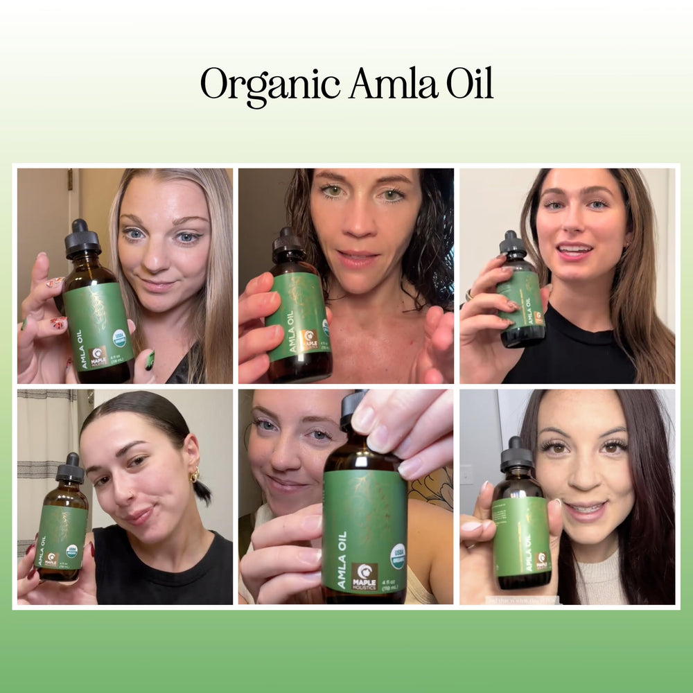 Aplicación del aceite Amla de Maple Holistics en cuero cabelludo para nutrición.