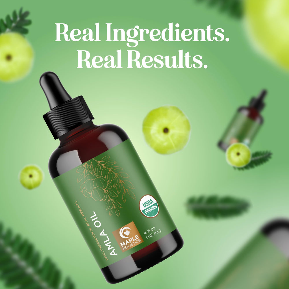 Envase práctico del aceite Amla de Maple Holistics para uso frecuente.