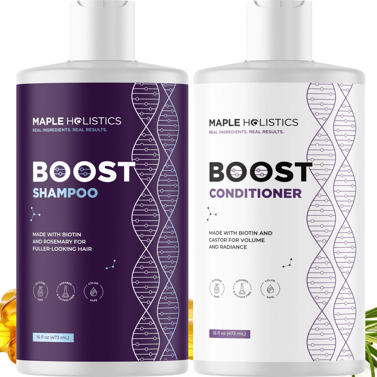 Botella de champu Maple Holistics con biotina para cabello fino aporta volumen