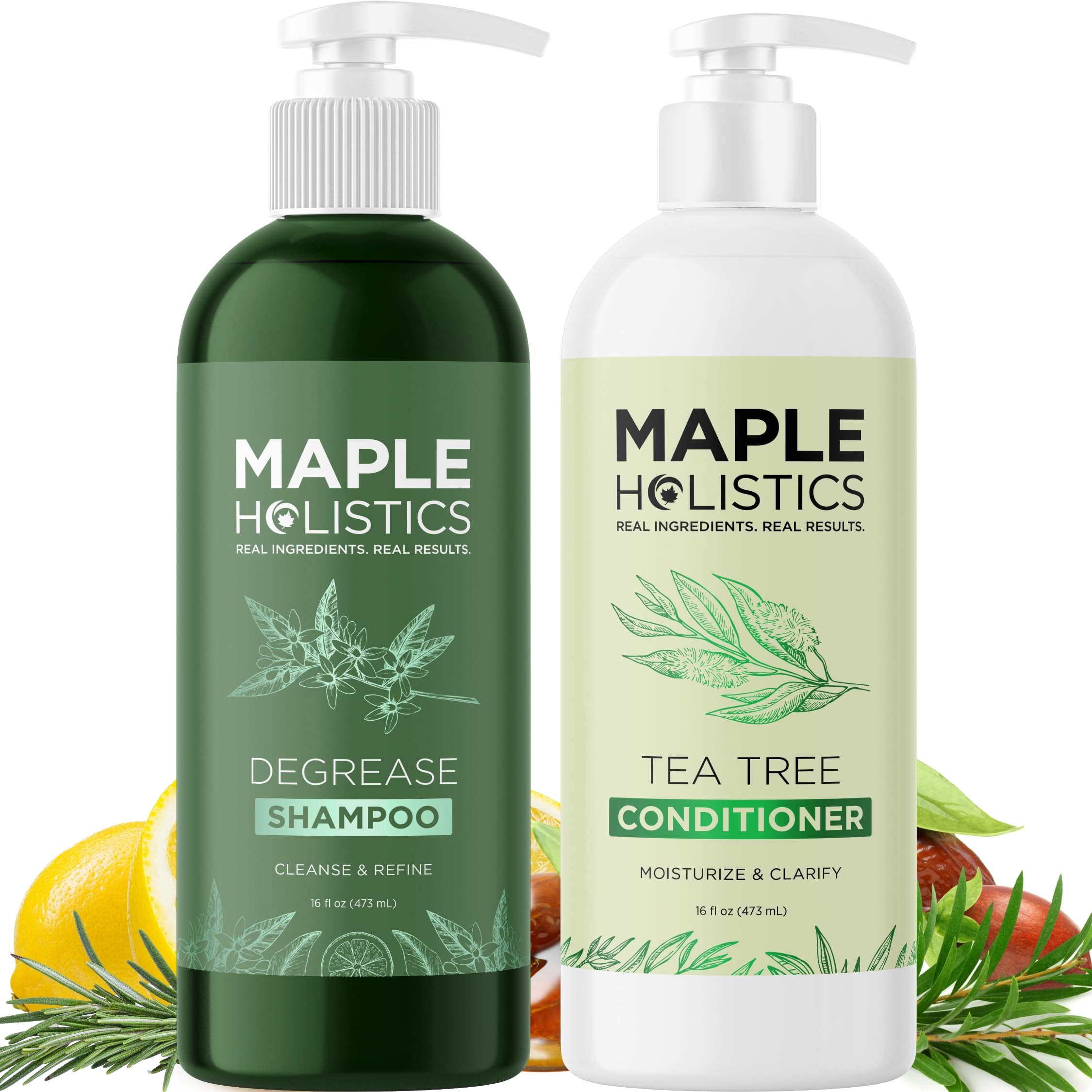 Maple Holistics champú desengrasante para cabello graso en botella, limpia profundamente el cuero cabelludo.