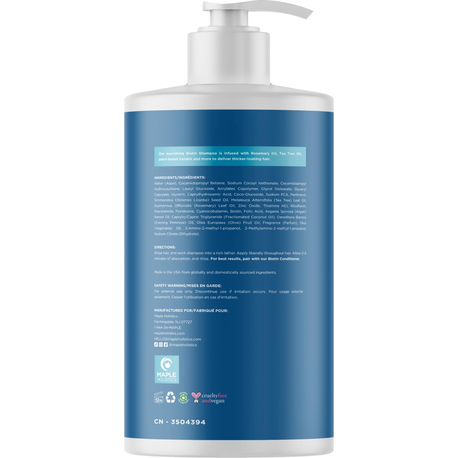 Champú Maple Holistics con biotina y aceites naturales para nutrición capilar.
