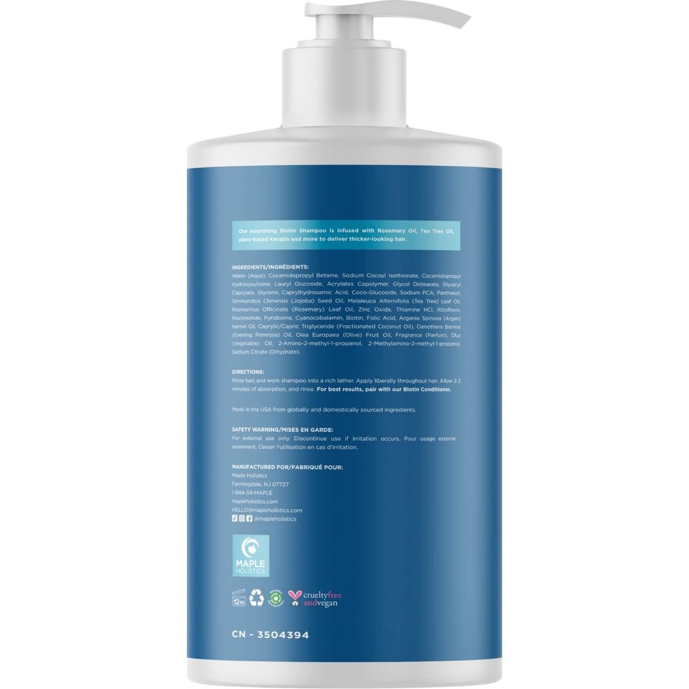 Champú Maple Holistics con biotina y aceites naturales para nutrición capilar.