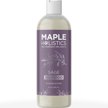Maple Holistics Sage Rosemary Shampoo bottle on sink highlights clarifying scalp care.