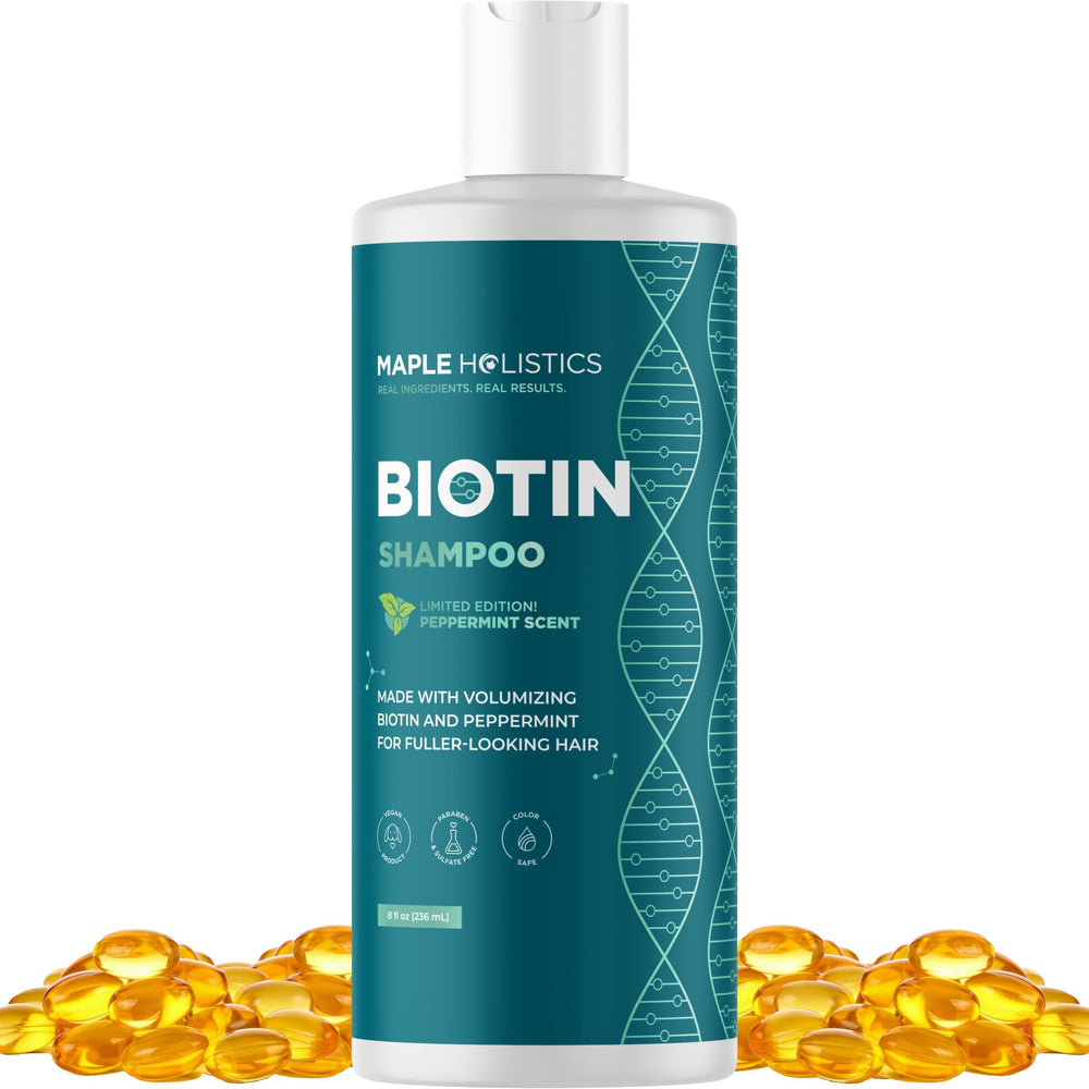 Maple Holistics champú biotina para cabello fino, botella visible, volumen