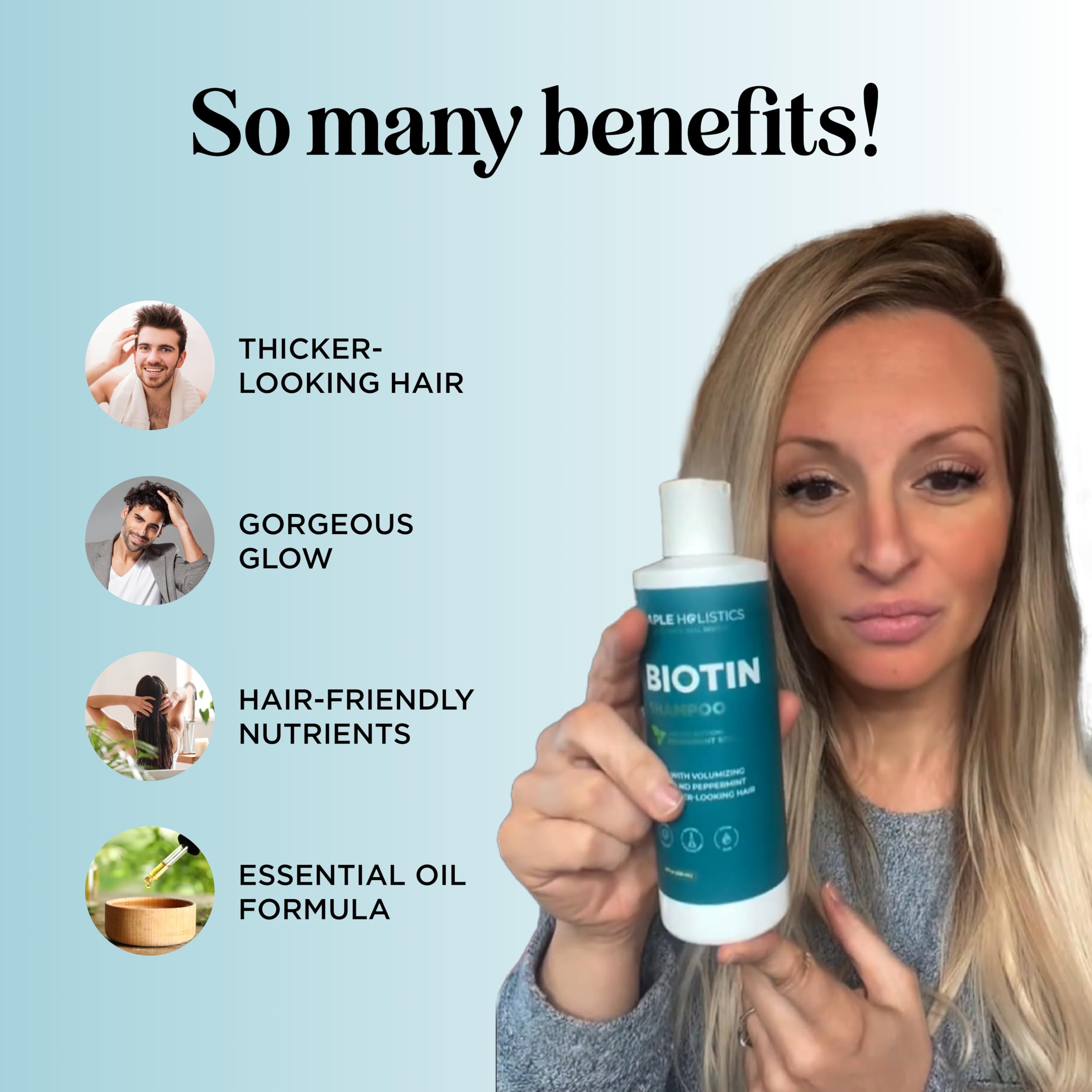 Etiqueta del champú biotina para cabello fino, contiene ingredientes naturales