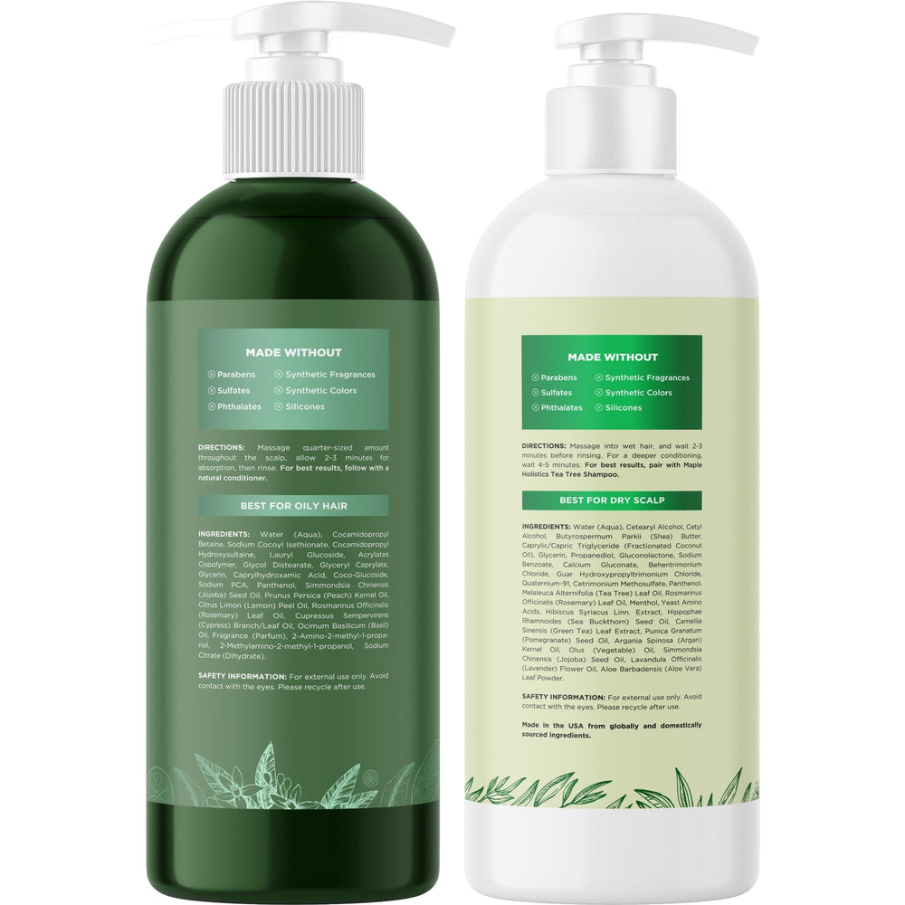 Extractos de romero y árbol de té en fórmula Maple Holistics para cuidado capilar.