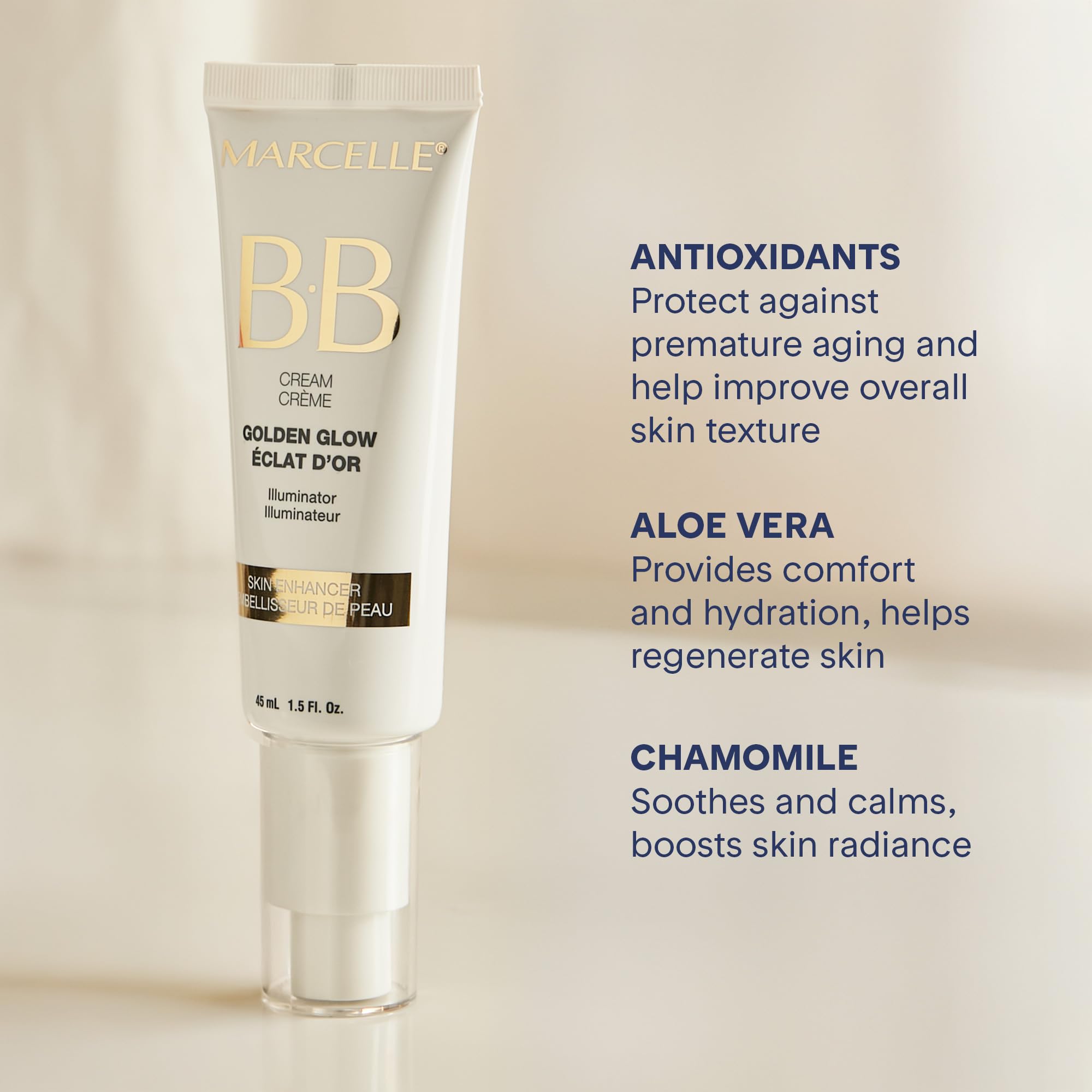 Marcelle BB Cream Golden Glow, aplicación suave en la piel para cobertura ligera.