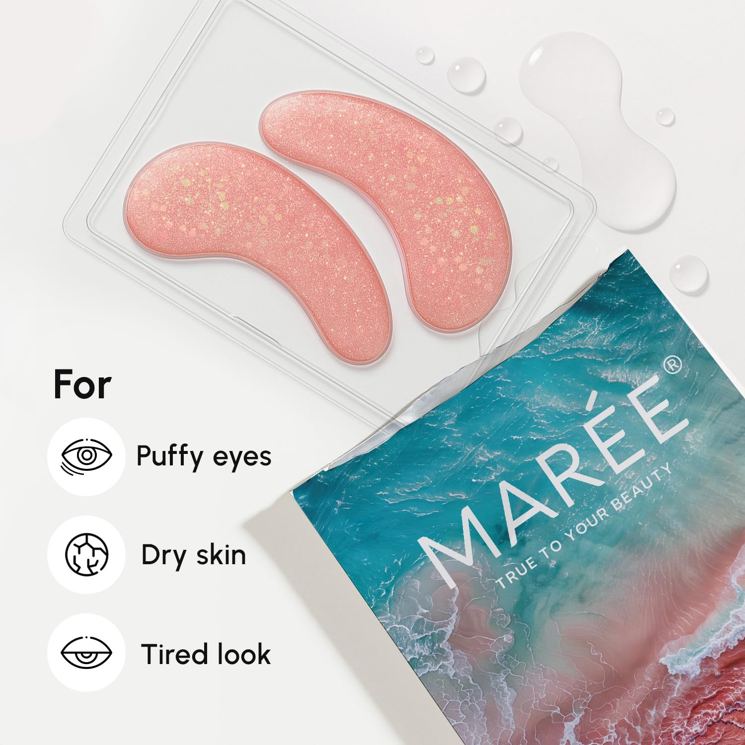 MAREE Patchs Yeux Gel Rose perle et extrait pour lisser légèrement.