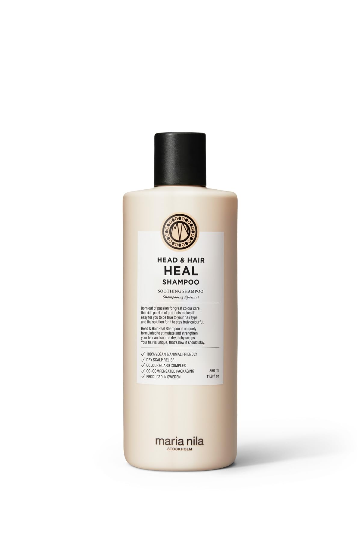 Maria Nila Head & Hair Heal, botella, cuidado suave diario para cuero cabelludo sensible.