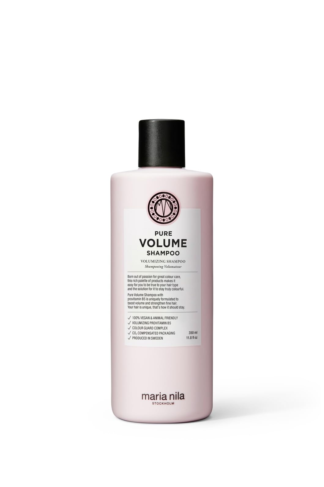 Maria Nila Pure Volume shampoo botella: aporta volumen y limpieza suave para cabellos finos.