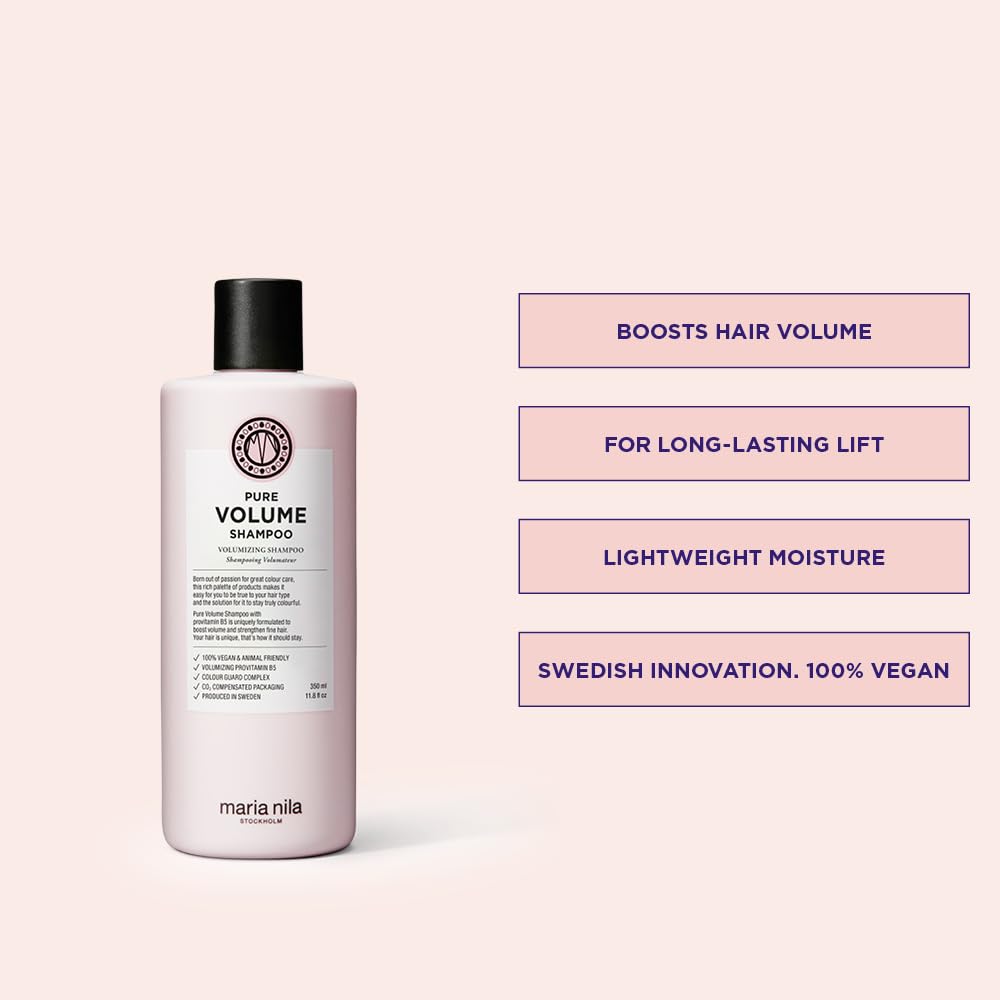 Maria Nila Pure Volume shampoo botella: ofrece volumen de larga duración para cabellos finos.