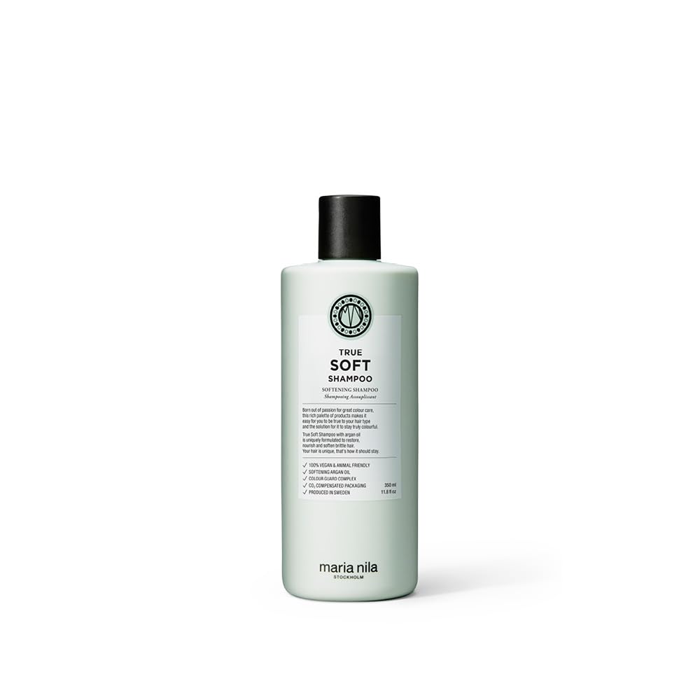 Bouteille Maria Nila True Soft, hydratation douce pour cheveux secs.