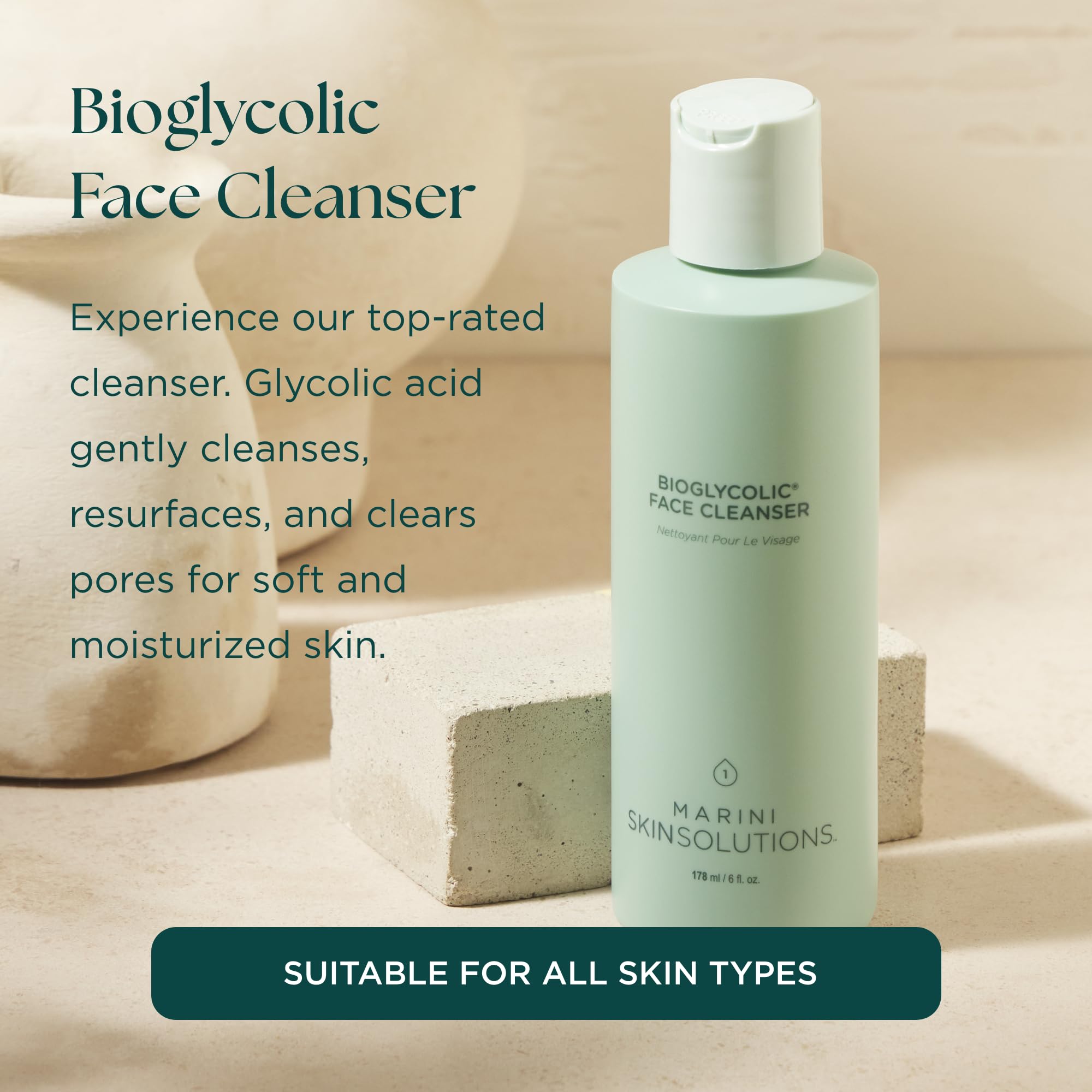 Marini SkinSolutions Bioglycolic Face Cleanser, textura suave ideal para uso diario sin irritación.
