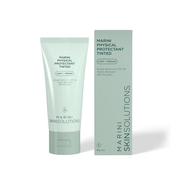 Marini SkinSolutions Protectant Tintado, botella visible, protección SPF 45 con tono universal y acabado mate.