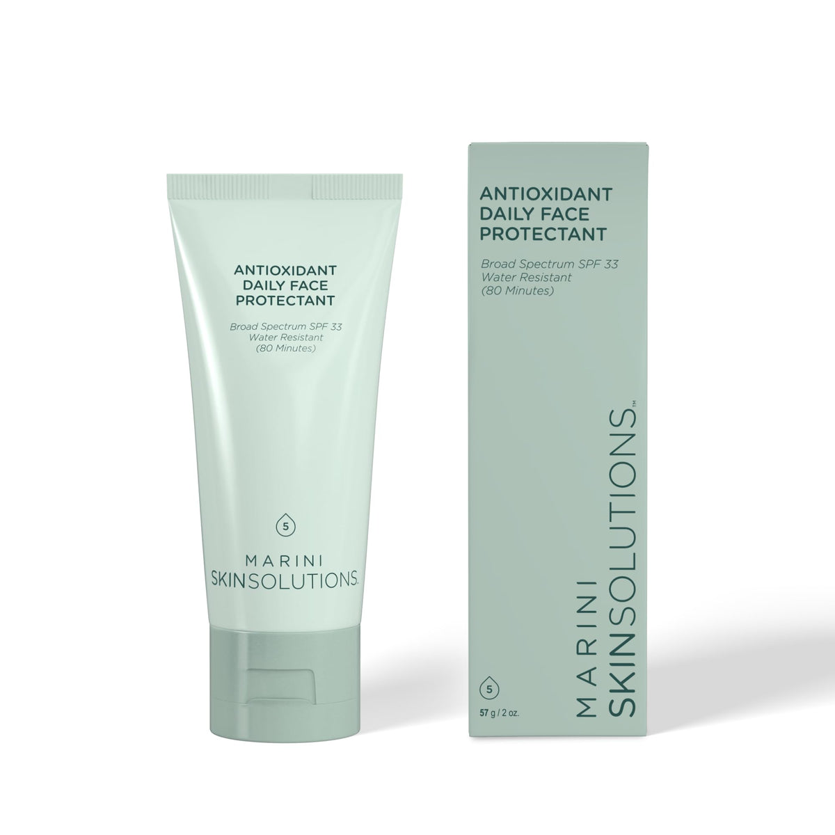 Marini SkinSolutions Protectante Facial diario, botella visible, protección SPF 33 para uso diario.