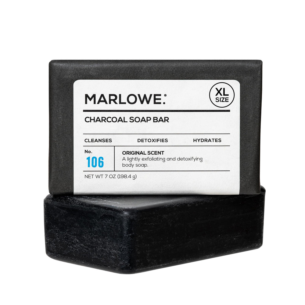 MARLOWE No. 106 jabón carbón activado, enfoque en limpieza profunda.