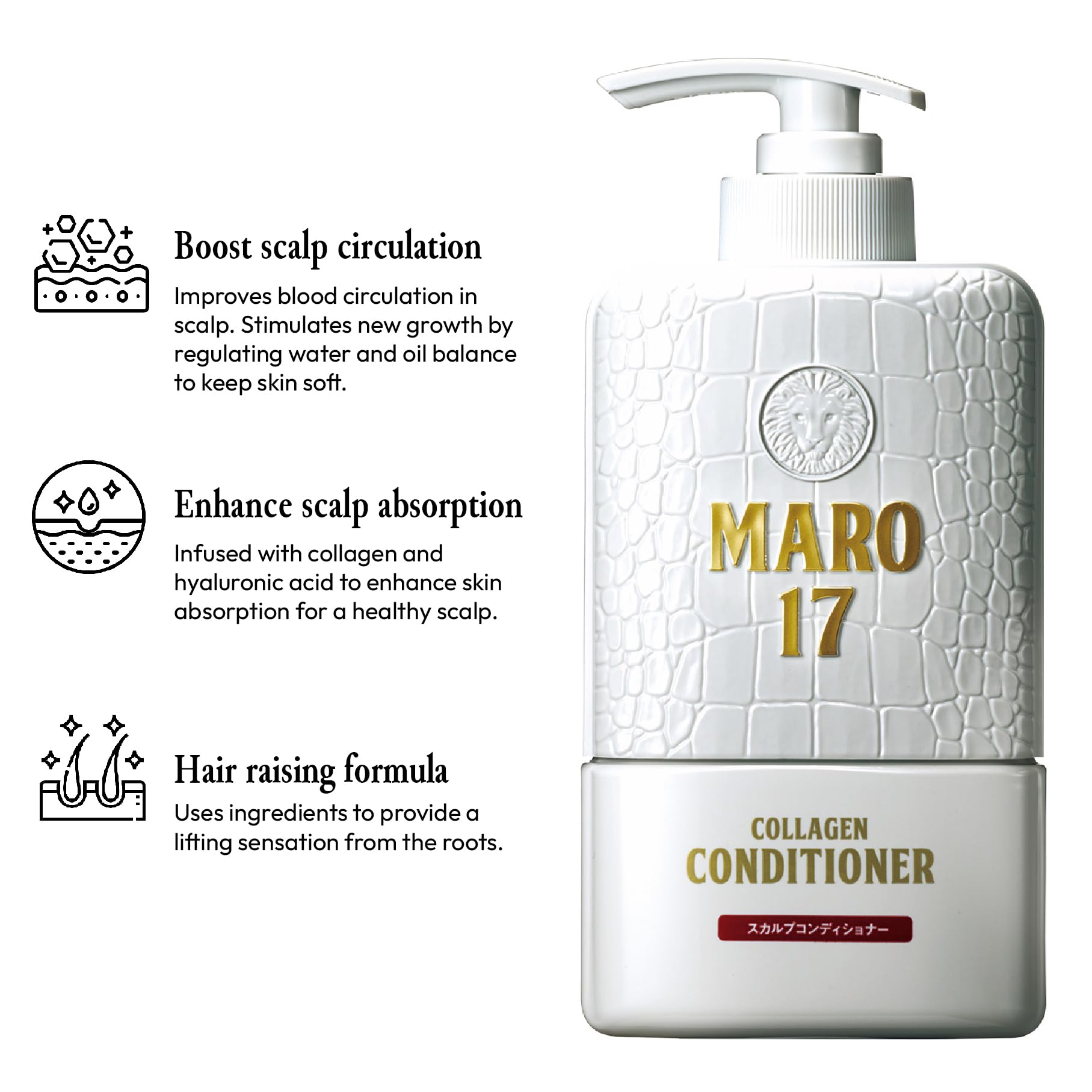MARO17 Acondicionador aplicándose en cabello, sensación vigorizante para el cuero cabelludo.