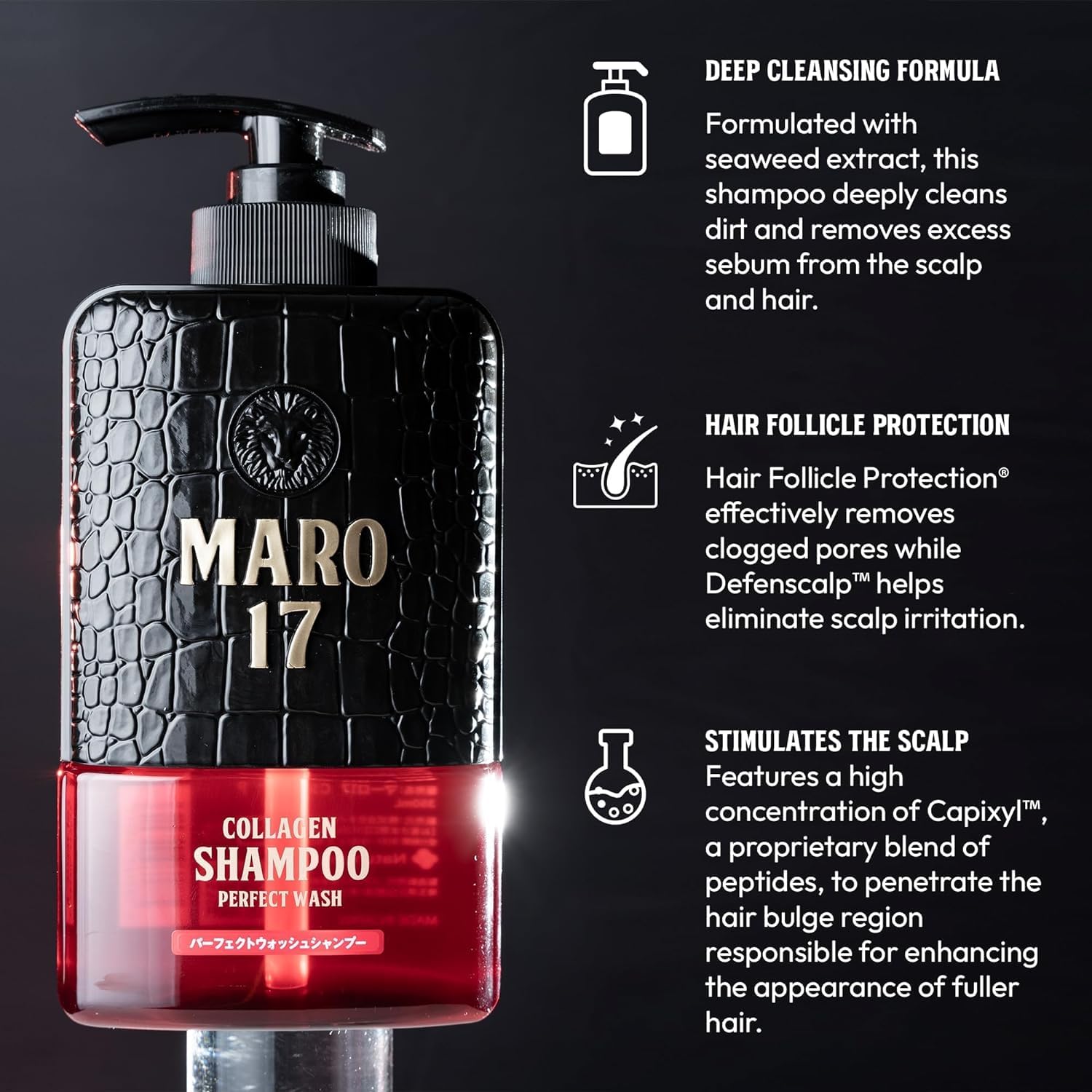 MARO17 Collagen Shampoo rich foam in action on damp hair.