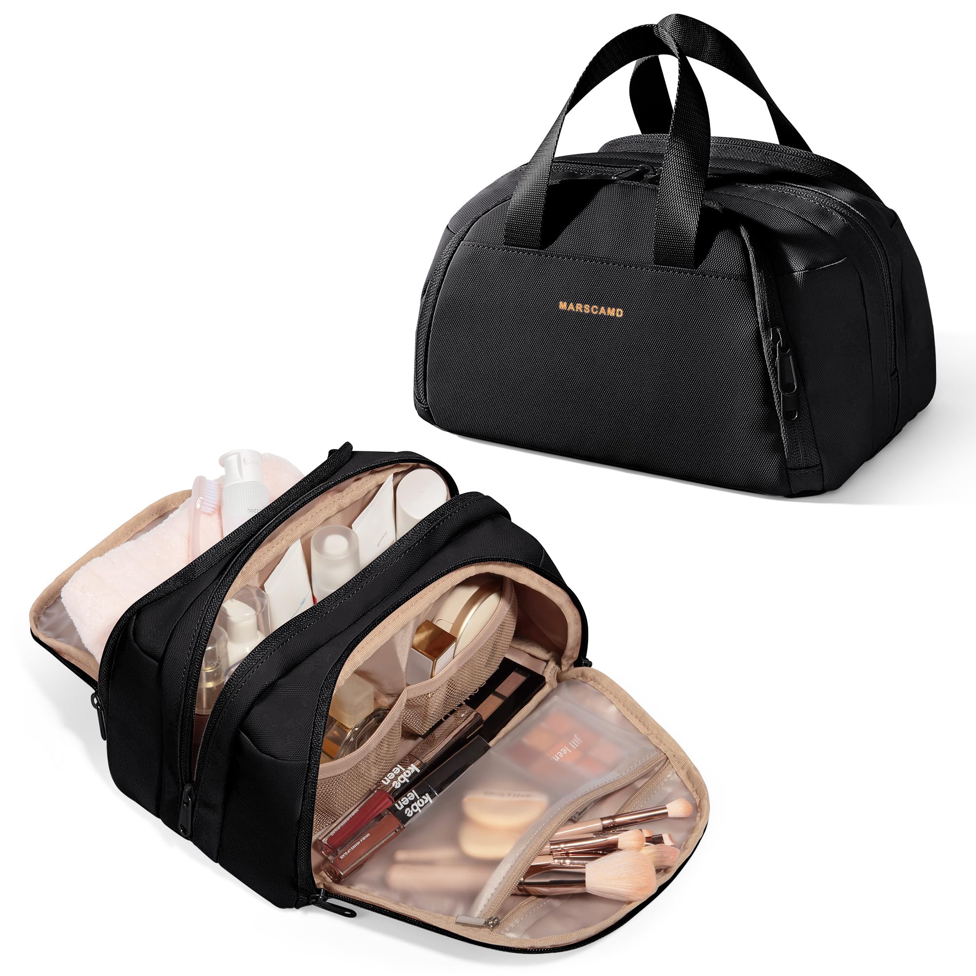 Marscamd bolsa de aseo para viaje con compartimentos visibles para mantener cosméticos organizados.