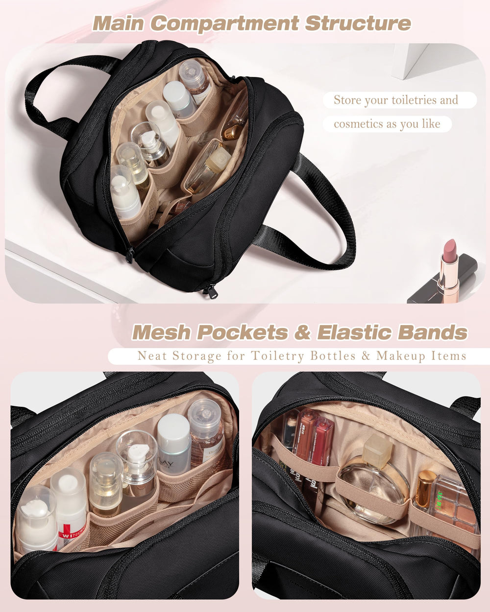 Marscamd organizador cosméticos impermeable, destaca bolsillos para líquidos y limpieza rápida.