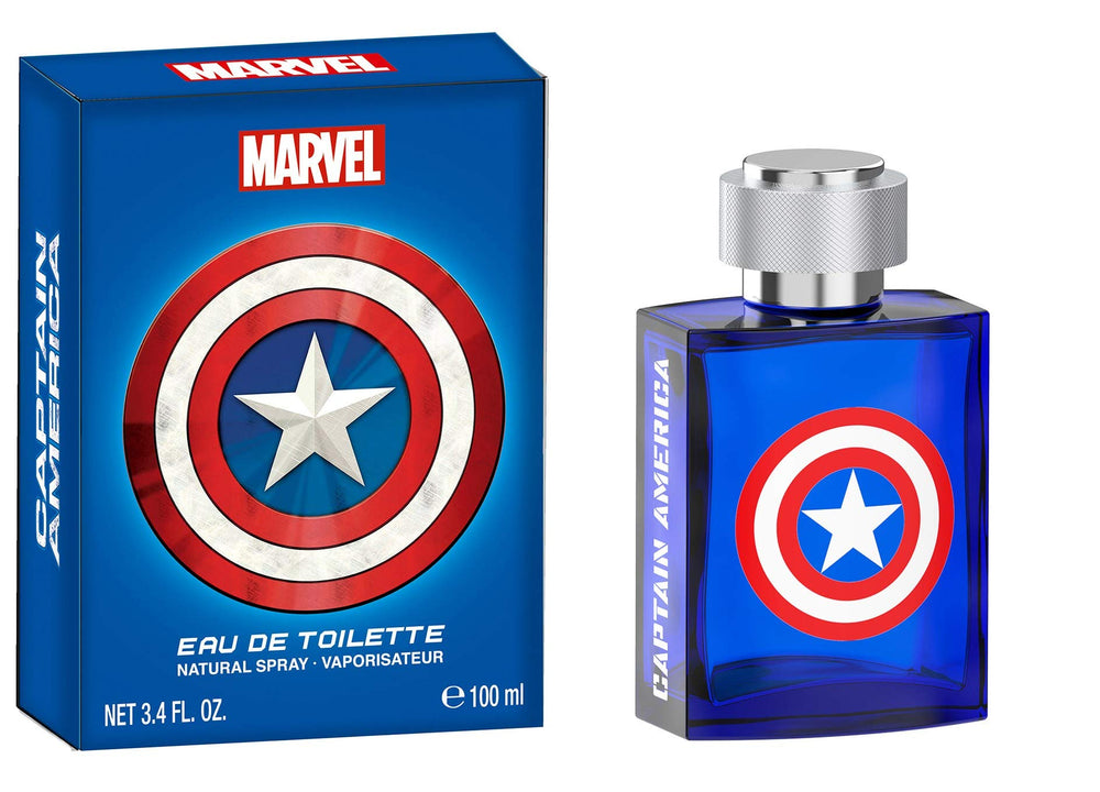 Captain America de Marvel, frasco frontal: fragancia duradera para uso diario.