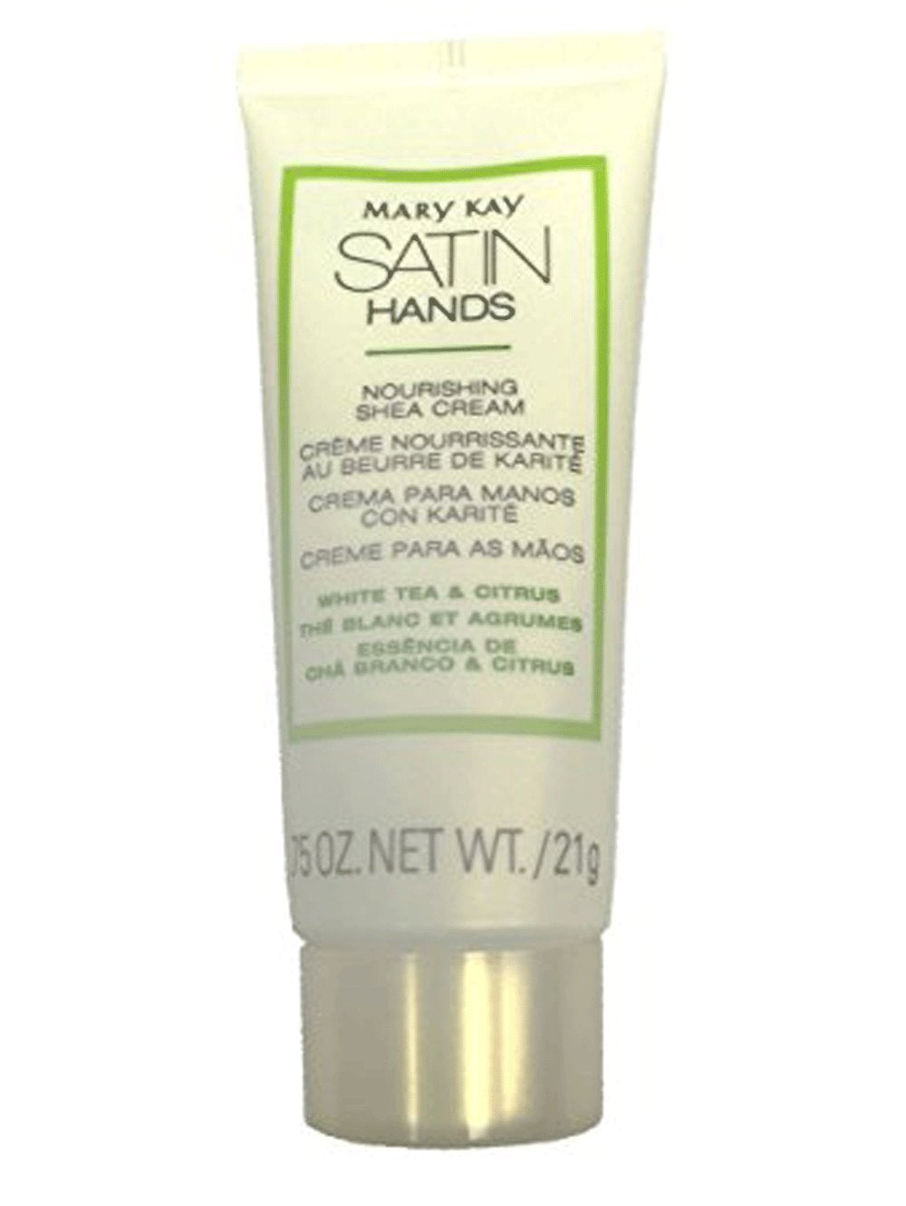 Mary Kay Satin Hands: crema de Shea White Tea y Citrus, textura suave para manos secas.