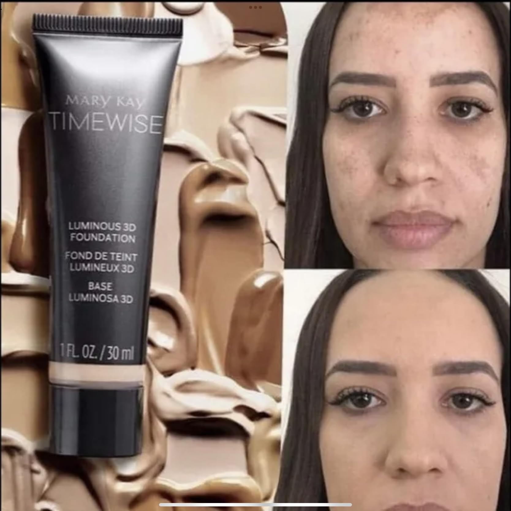 Envase con bomba de Mary Kay TimeWise Luminous 3D Foundation Ivory N160 facilita dosificación limpia