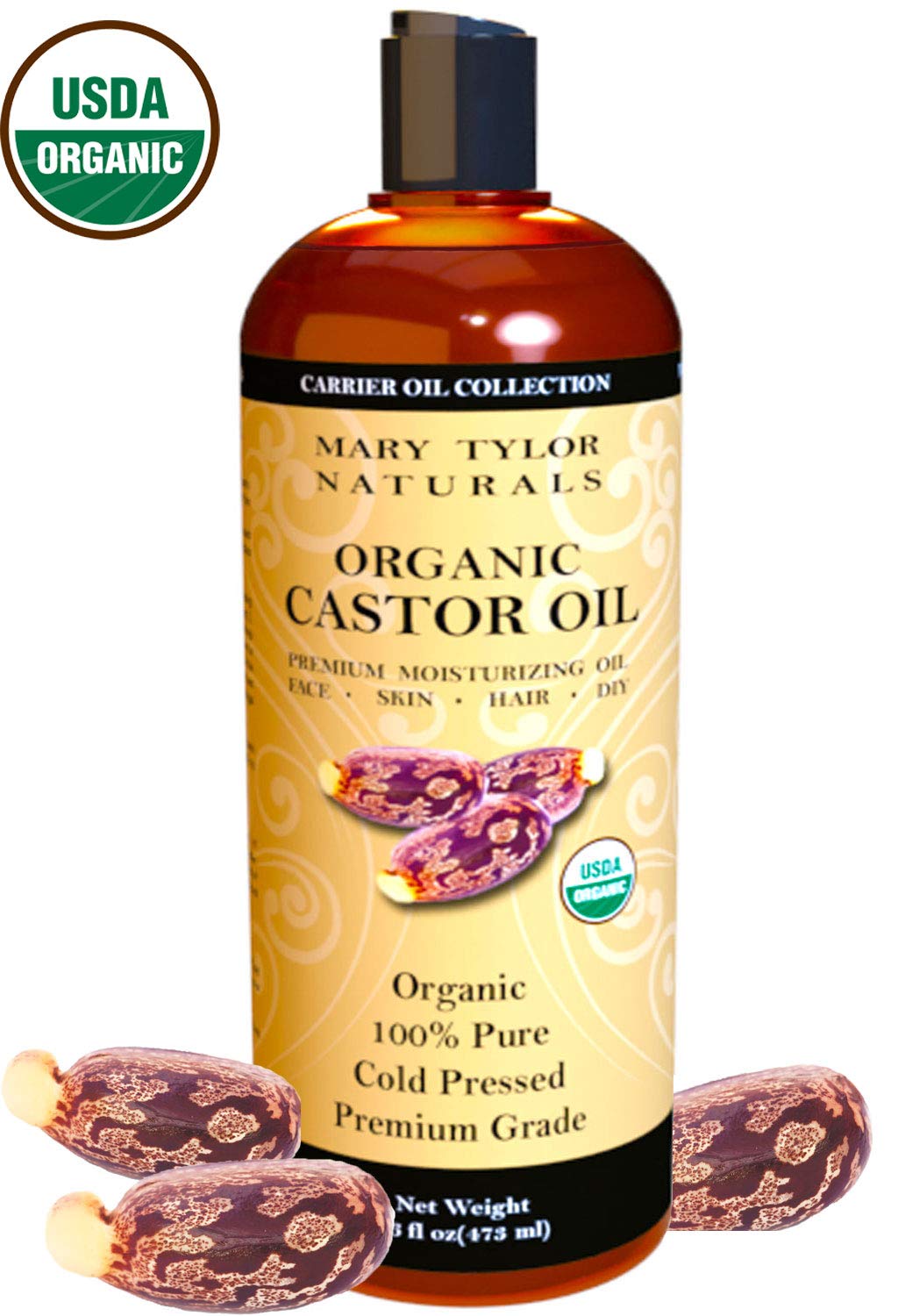 Etiqueta clara de Mary Tylor Naturals para aceite de ricino orgánico de alta pureza.
