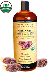 Etiqueta clara de Mary Tylor Naturals para aceite de ricino orgánico de alta pureza.