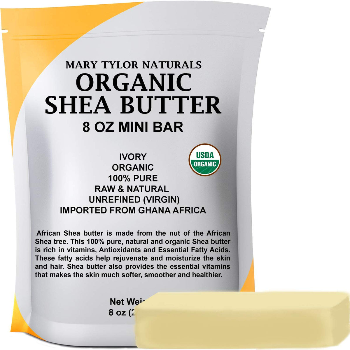 Mary Tylor Naturals Organic Shea Butter 8oz jar for skin and hair hydration.