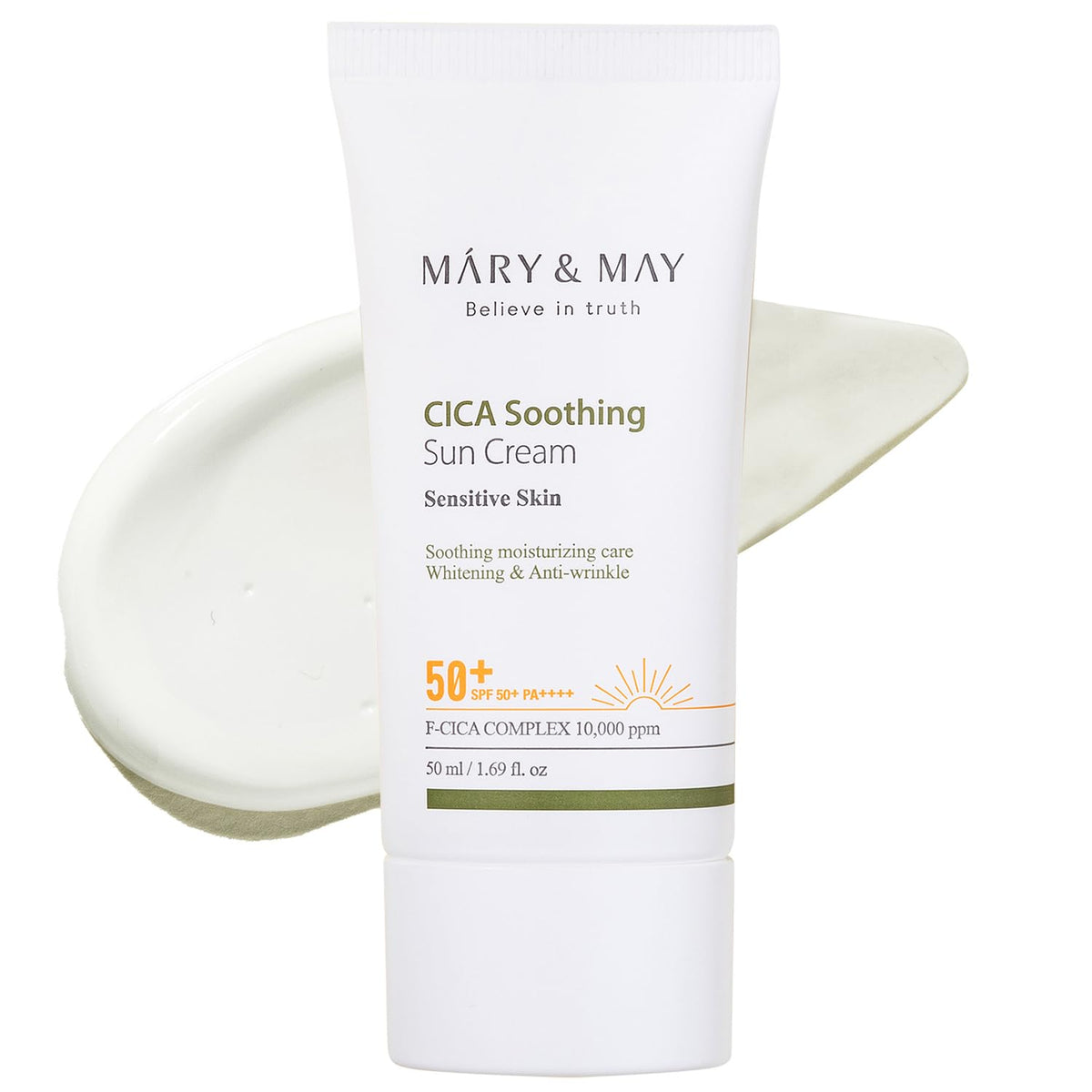 Mary&May crema solar CICA en botella, protección solar ligera para uso diario.