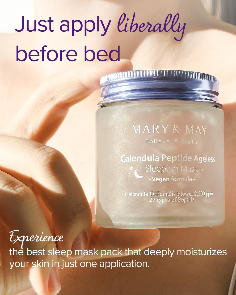 Mary&May textura gel ligera, se absorbe rápido para uso nocturno.