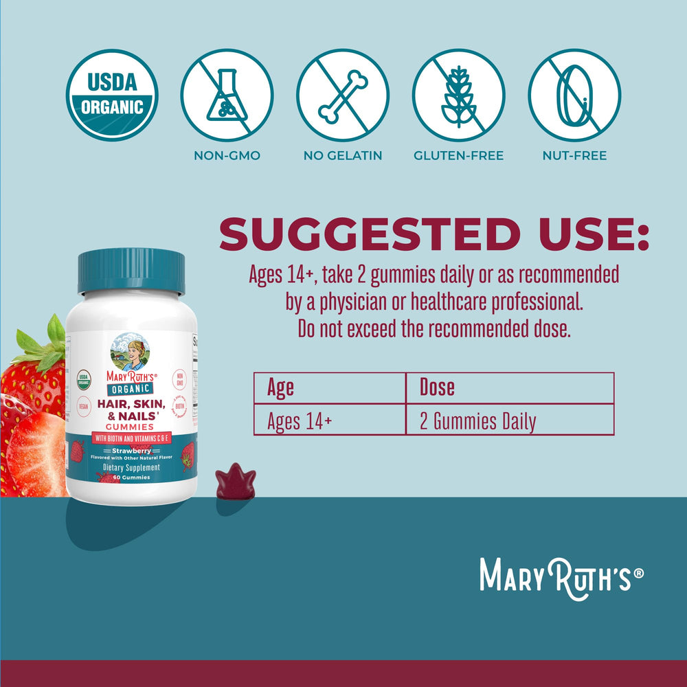 MaryRuth Organics gomitas uñas, sabor fresa, apoyan fortaleza y crecimiento.