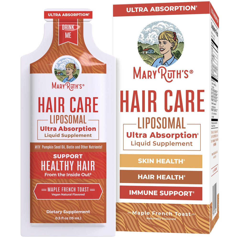 MaryRuth Organics vitaminas líquidas para cabello en botella, apoyo interno para el cuidado capilar.