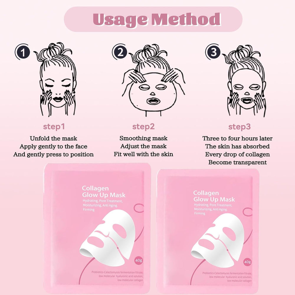 Mascara colageno resplandor 2-0, caja con cuatro mascarillas lista para usar