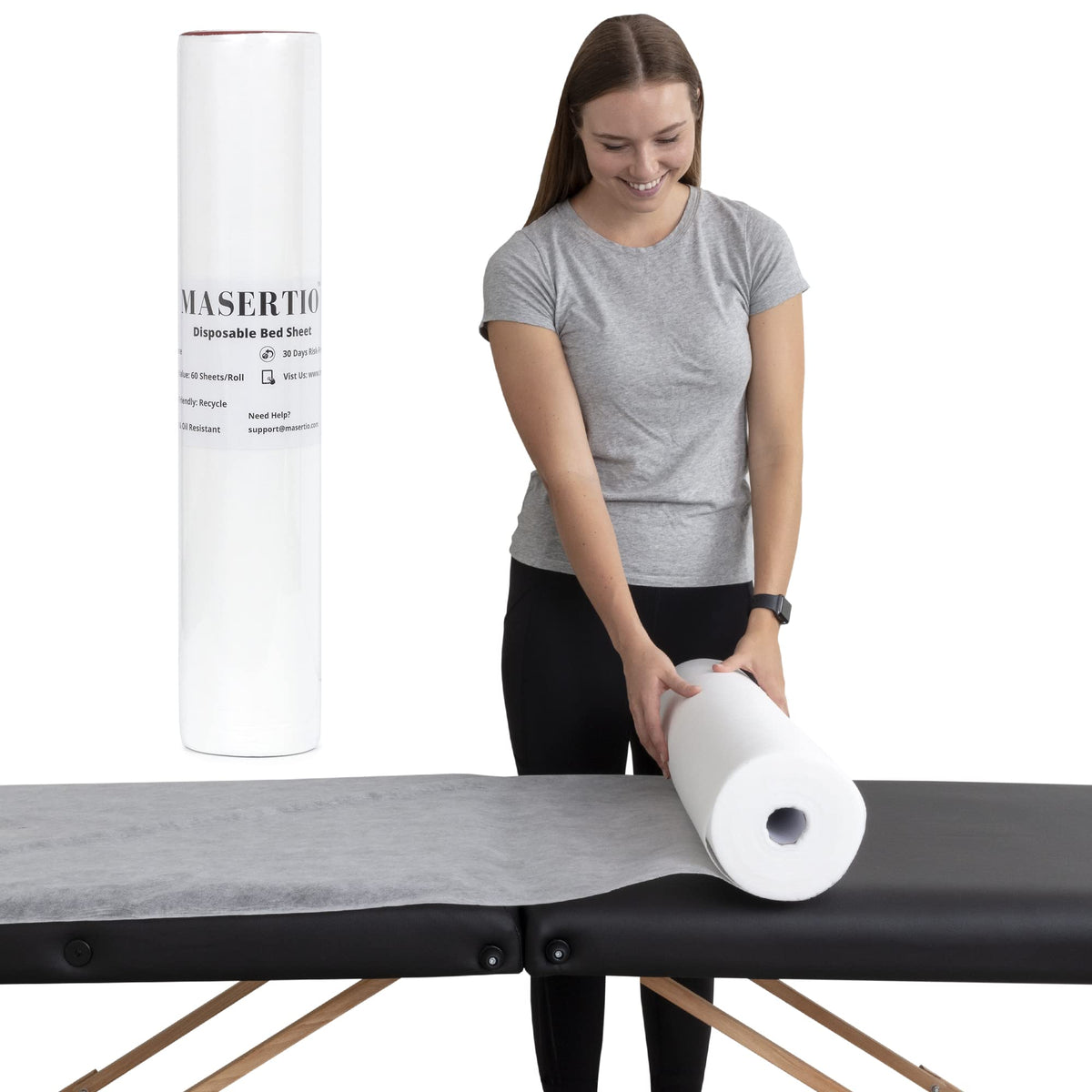 MASERTIO rollo cubre cama de masaje desechable que mejora la higiene en sesiones.
