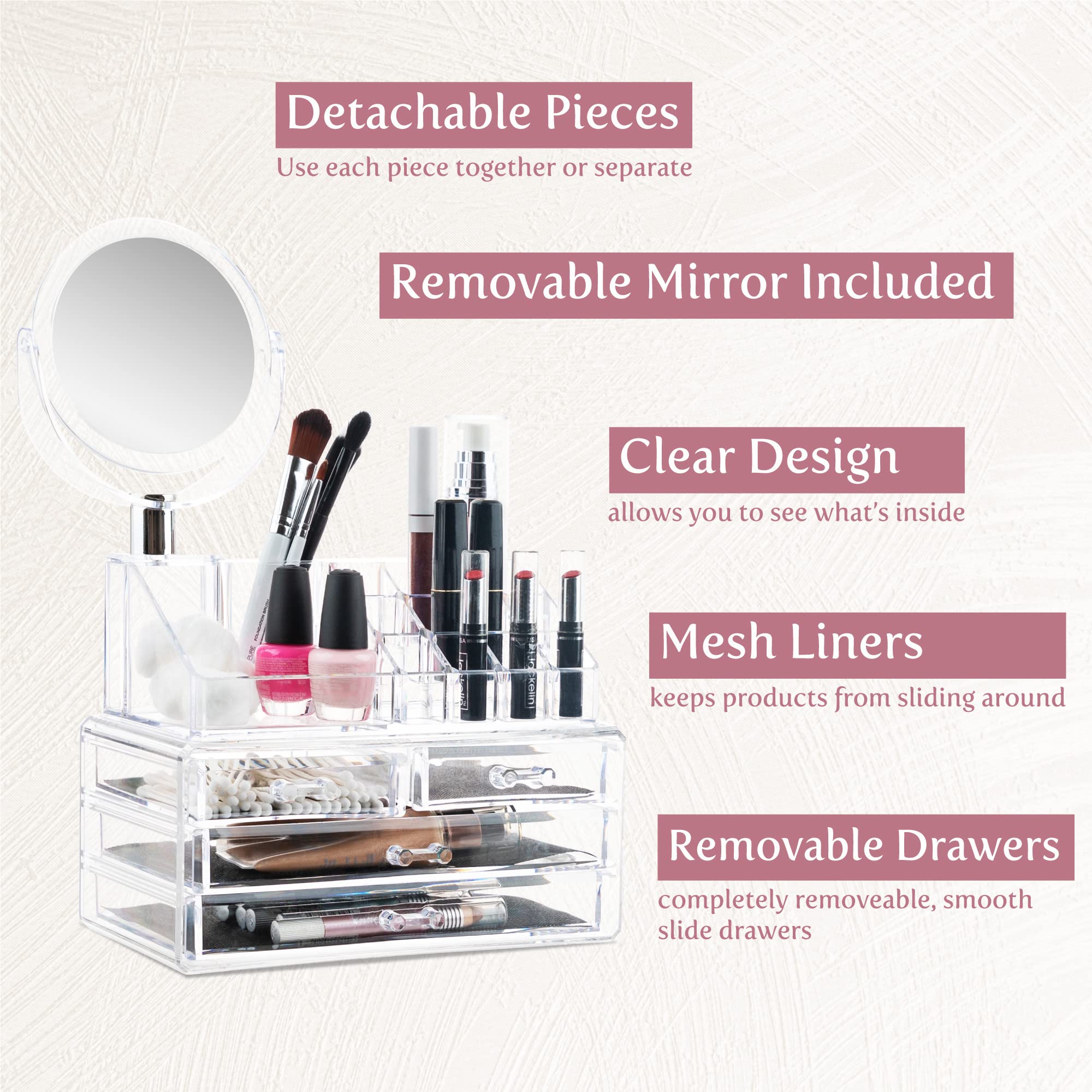 Masirs compartimentos para labiales, pinceles y joyas, ideal para uso diario.