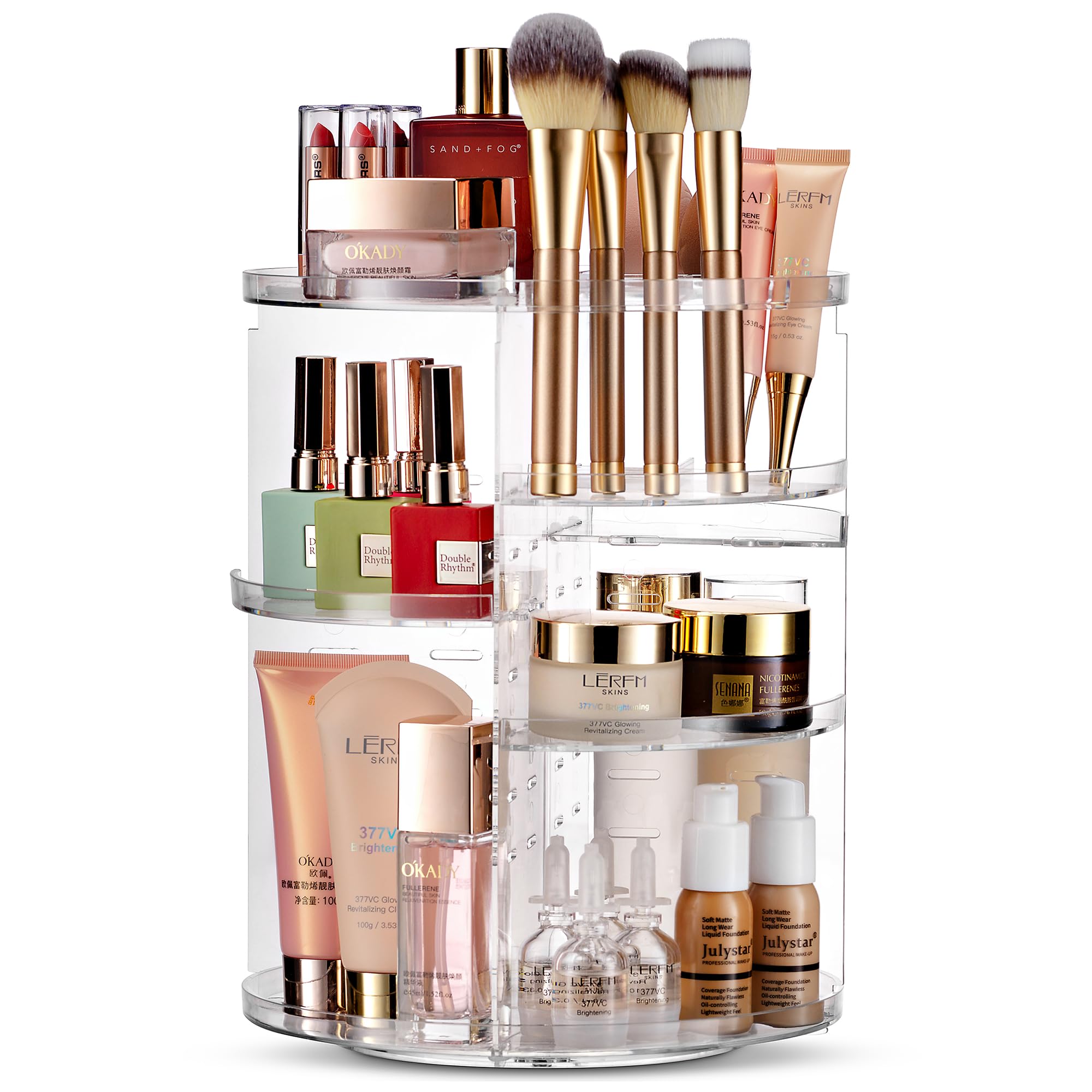Masirs 360°, organizador de maquillaje en cristal para acceso rapido.