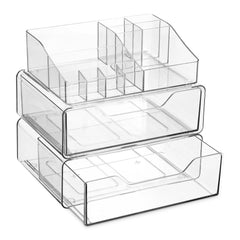 Masirs organizador de maquillaje acrílico, vista frontal, acceso rápido a cosméticos y accesorios.