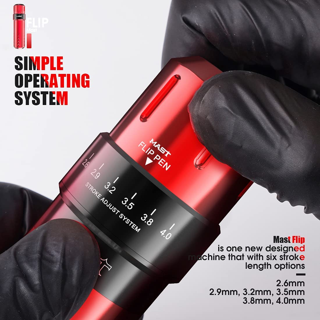 Mast Tattoo Mast Flip ofrece longitud de trazo ajustable para diferentes técnicas.