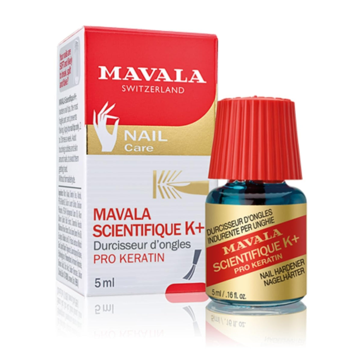 MAVALA Scientifique K+ – botella detalle muestra la fórmula fortalecedora para uñas frágiles.