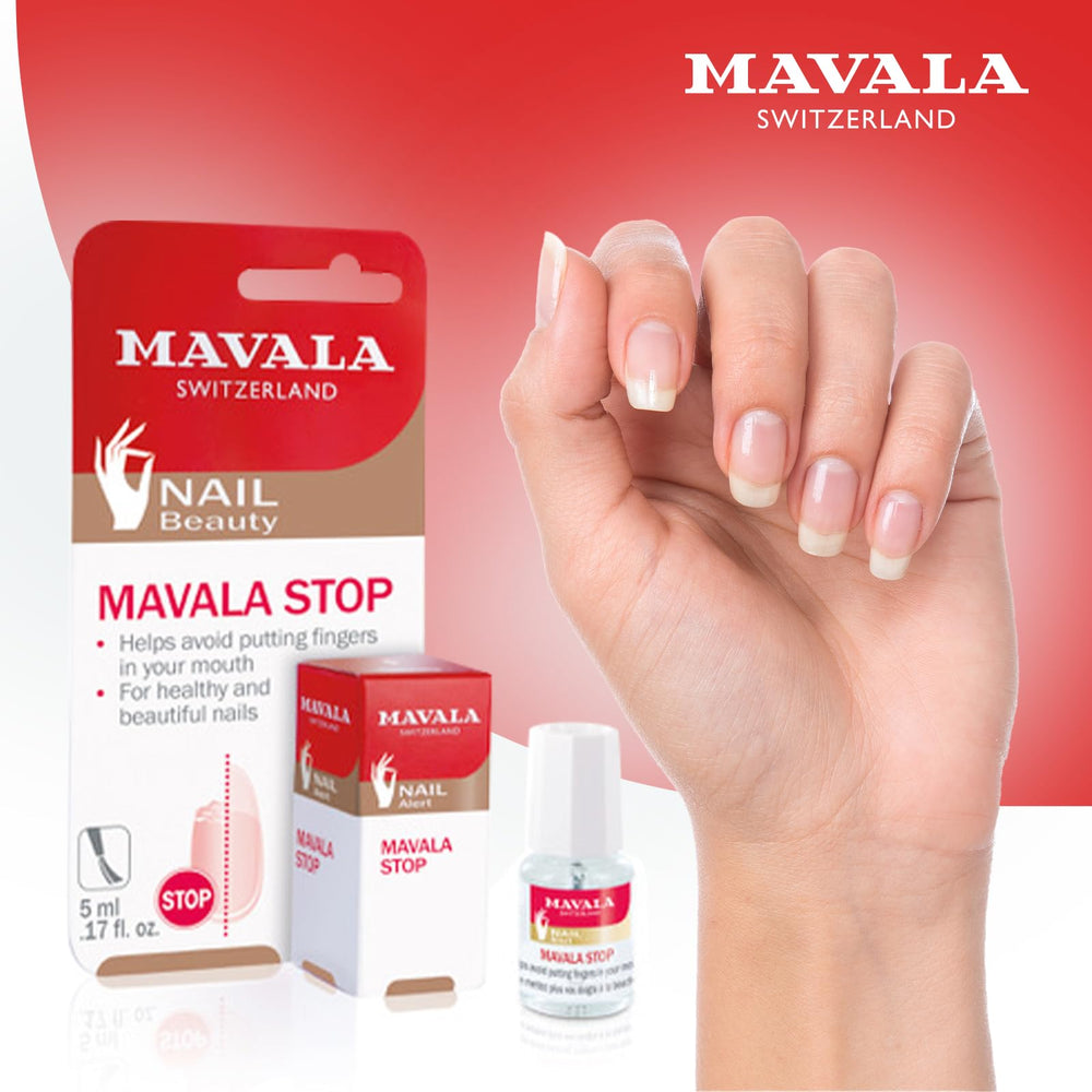 Envase de Mavala Stop en posición cerrada para almacenamiento seguro.