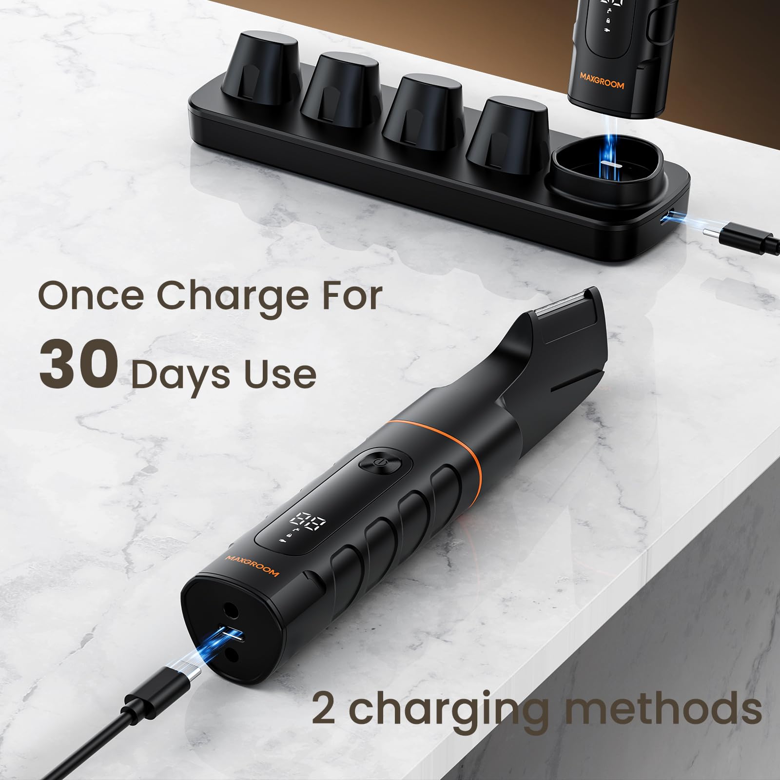 MAXGROOM pantalla LED que indica batería y estado.